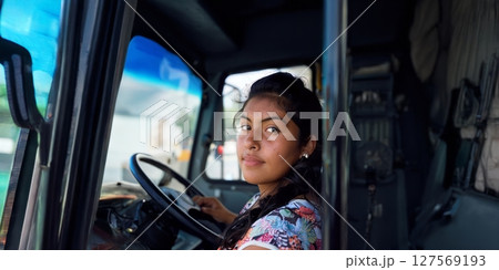 Smiling Woman Driving a Bus.Generated image 127569193