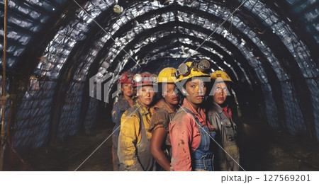 Portrait of Three Tired Female Miners Working Underground.Generated image 127569201
