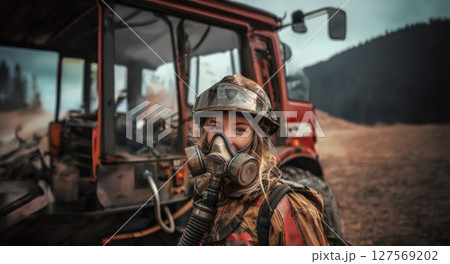 Smiling Female Firefighter in Full Gear Posing Next to Fire Truck.Generated image 127569202