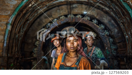 Portrait of Three Tired Female Miners Working Underground.Generated image 127569203