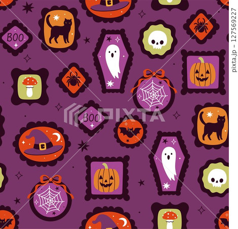 Seamless pattern with Halloween items in frames. Vector graphics. 127569227