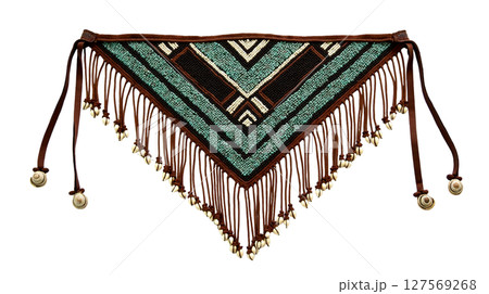 The Tsonga beaded apron showcases a small triangular leather panel adorned with vibrant beadwork. Its symmetrical patterns demonstrate the rich cultural heritage of the Tsonga people. 127569268