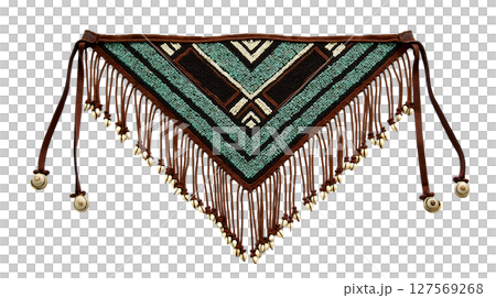 The Tsonga beaded apron showcases a small triangular leather panel adorned with vibrant beadwork. Its symmetrical patterns demonstrate the rich cultural heritage of the Tsonga people. 127569268