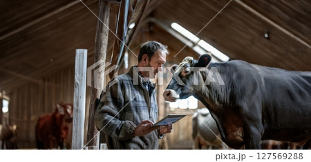Elderly farmer using a laptop while caring for cows on the farm.Generated image 127569288