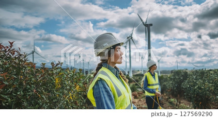 Female engineers using tablets to monitor and manage wind turbine operations on site.Generated image 127569290
