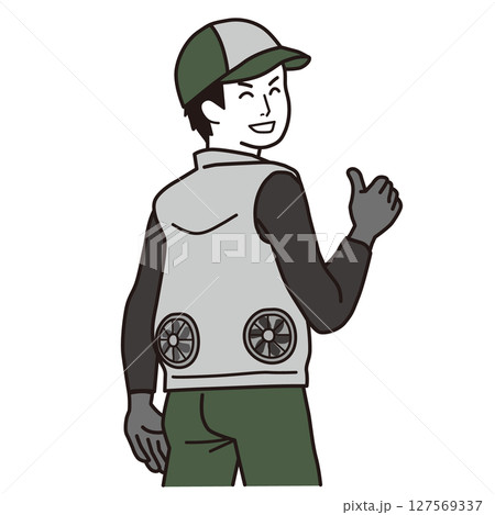 熱中症対策　ファン付きベストを着た笑顔の働く男性　シンプルなイラスト 127569337