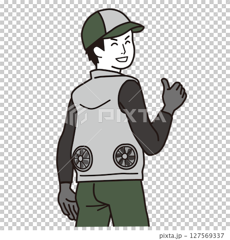 熱中症対策　ファン付きベストを着た笑顔の働く男性　シンプルなイラスト 127569337