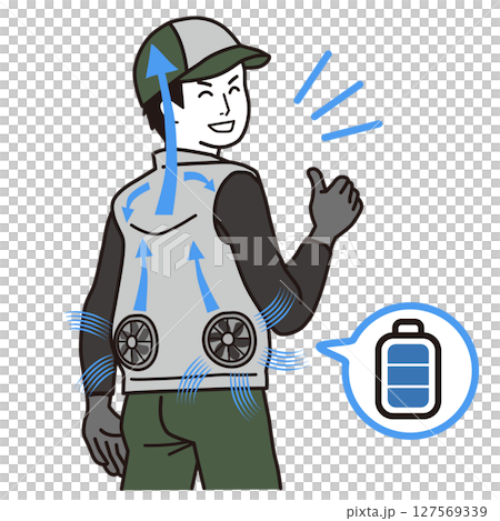 フル充電で稼働するファン付きベストを着た、笑顔の働く男性 シンプルなイラスト フル充電で稼働するファン付きベストを着た、笑顔の働く男性 シンプルなイラスト 127569339