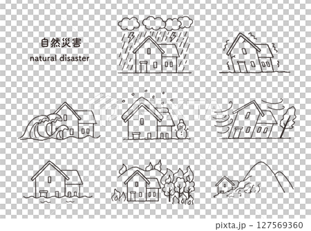 いろんな自然災害の手描きイラストセット（モノクロ） 127569360