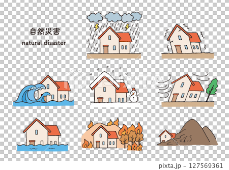 Hand-drawn illustration set of various natural disasters (color) Hand-drawn illustration set of various natural disasters (color) 127569361