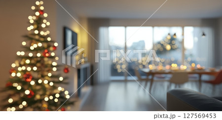 Warmly lit festive dinner table with candles, glassware, and bokeh Christmas tree lights in the background. Ideal for holiday ads, celebration visuals, cozy interiors or seasonal lifestyle content. 127569453