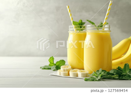 Fresh banana smoothie in glass bottles with yellow straws on white wooden table. Mint leaves and ripe bananas complete the bright setup. Great for ads, healthy food blogs, or breakfast menus. Banner 127569454