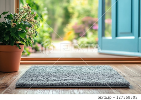 Close-up of natural fiber doormat on wooden floor with open blue doors. Potted plant in frame. Bright daylight outside. Inviting home entrance. Clean, fresh, cozy mood. Interior, lifestyle. Banner Close-up of natural fiber doormat on wooden floor with open blue doors. Potted plant in frame. Bright daylight outside. Inviting home entrance. Clean, fresh, cozy mood. Interior, lifestyle. Banner 127569505