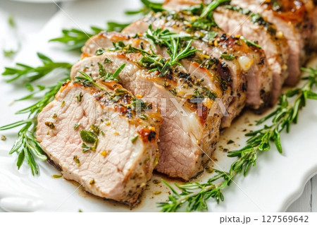 Juicy slices of oven-roasted pork tenderloin seasoned with herbs and garnished with fresh rosemary. Close-up of homemade dish on a white plate, perfect for food blogs and recipe websites. Copy space 127569642