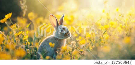 Easter bunny with a basket of colorful eggs. Basket with colored eggs. Fluffy rabbit on a spring flower field. Easter party concept. Lots of pink, blue, yellow and red eggs on a blurred background. Easter bunny with a basket of colorful eggs. Basket with colored eggs. Fluffy rabbit on a spring flower field. Easter party concept. Lots of pink, blue, yellow and red eggs on a blurred background. 127569647