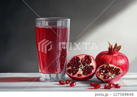 Freshly squeezed pomegranate juice in a clear glass, surrounded by ripe split pomegranates and scattered seeds on a white surface. Rich red tones, natural light, clean composition. Copy space 127569648