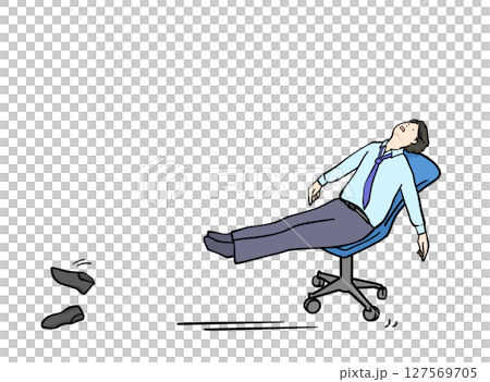 放心状態で椅子を滑らせるやる気のない靴も置き去りのスーツ男性イラスト 127569705