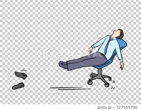 脱力状態で椅子を滑らせるやる気のない靴も置き去りのスーツ男性イラスト 127569706