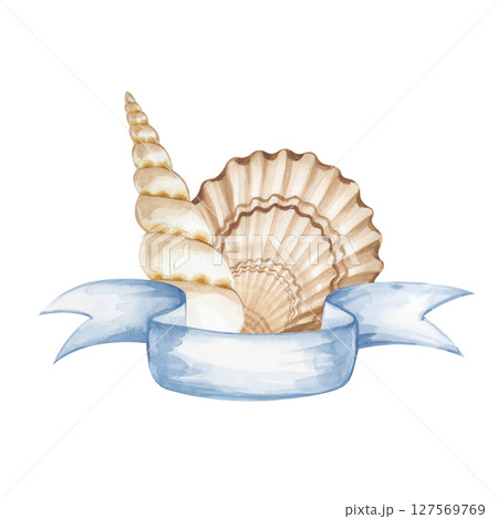 Hand-painted watercolor composition with seashells and a blue ribbon. The illustration is isolated on a white background. A marine template for postcards, invitations, or memorable vacation photos. 127569769