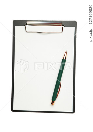 Black tablet with piece of empty paper and pen isolated on white background. Black tablet with piece of empty paper and pen isolated on white background. 127569820