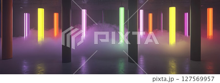 Abstract Neon Lights Columns Vibrant Colors Dark Room Foggy Atmosphere Modern Digital Art Background Abstract Neon Lights Columns Vibrant Colors Dark Room Foggy Atmosphere Modern Digital Art Background 127569957