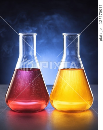 Red Yellow Chemical Liquids Erlenmeyer Flasks Science Experiment lab test dark study fluid glass 127570055