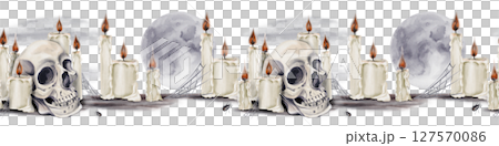 Seamless border with skulls and candles. Magic ritual. Full moon. Candles are intertwined with a web. Bugs are crawling on the ground. Watercolor illustration. Hand drawing. High quality illustration Seamless border with skulls and candles. Magic ritual. Full moon. Candles are intertwined with a web. Bugs are crawling on the ground. Watercolor illustration. Hand drawing. High quality illustration 127570086