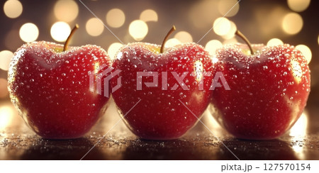 Three Red Apples Dew Drops Shiny Closeup Photography Sweet Fruit food ripe diet dark juicy fresh 127570154