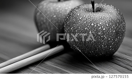 Two Dewy Apples Still Life Photography Black White Wooden Table food ripe fruit macro image light 127570155