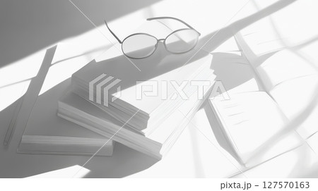 Elegant White Books Stacked with Stylish Glasses Sunlight life desk home calm soft clean study paper 127570163