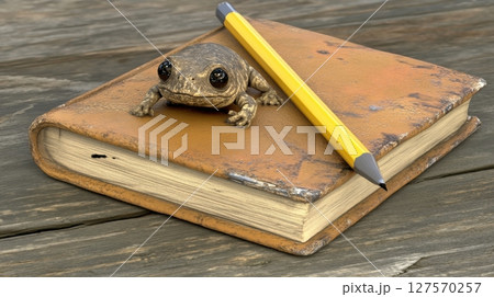 Cute Frog on Vintage Book with Yellow Pencil Still Life Nature Study 3d up old art brown table image Cute Frog on Vintage Book with Yellow Pencil Still Life Nature Study 3d up old art brown table image 127570257