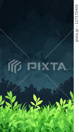 Vibrant Green Lush Foliage Night Scene Dark Background Nature Illustration art teal bush plant grass 127570409