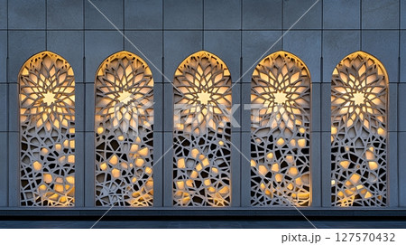 Elegant Islamic Architecture Illuminated Stone Panels Design art wall grid gray light decor motif 127570432