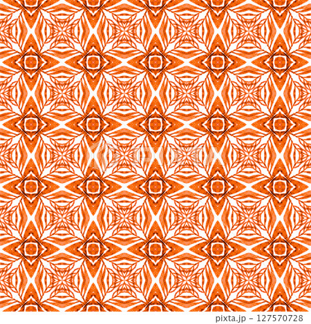 Watercolor summer ethnic border pattern. Orange 127570728