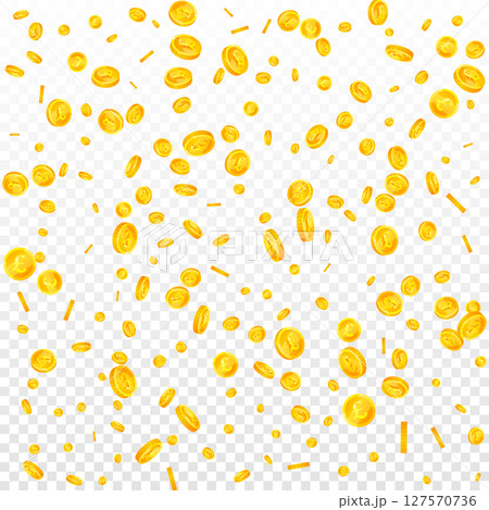 British pound coins falling. Scattered gold GBP British pound coins falling. Scattered gold GBP 127570736
