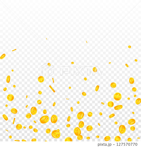 Chinese yuan coins falling. Scattered gold CNY 127570770