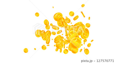 Korean won coins falling. Scattered gold WON 127570771