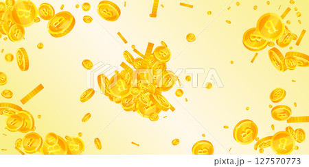 Bitcoin coins falling. Cryptocurrency scattered 127570773
