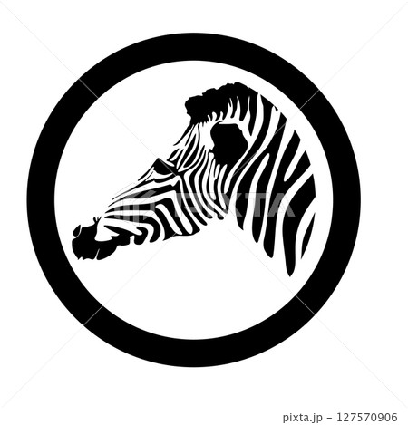 Zebra Head Silhouette in Circle Frame Vector Illustration. A bold black and white illustration created using stylized stripes to form the distinctive features of the animal. Zebra Head Silhouette in Circle Frame Vector Illustration. A bold black and white illustration created using stylized stripes to form the distinctive features of the animal. 127570906