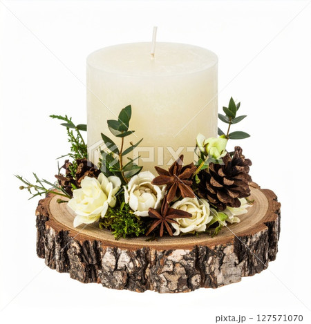 Ivory Pillar Candle with Rustic Floral Arrangement 127571070