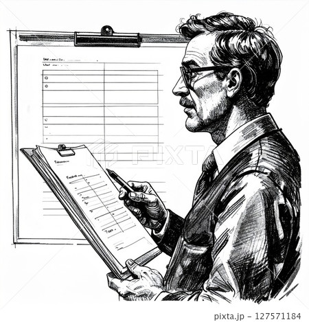 Man Reviewing Documents at Desk 127571184