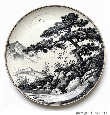 Black and White Landscape Plate with Tree and Mountains 127571313