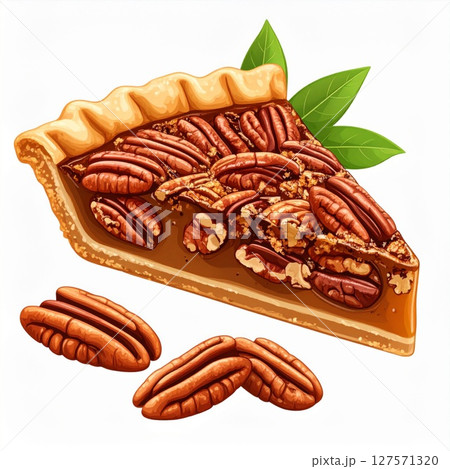 Delicious Pecan Pie Slice with Nuts on White Background 127571320