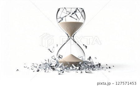 Shattered Hourglass with Sand on White Background Shattered Hourglass with Sand on White Background 127571453
