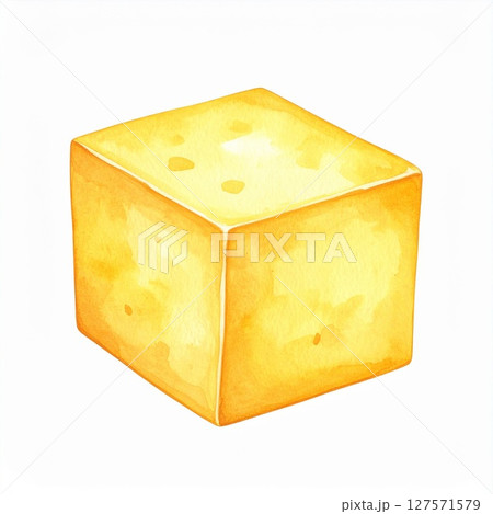 Yellow Cheese Cube Watercolor Illustration 127571579