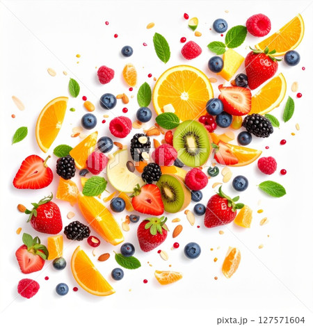 Colorful Fresh Fruit Mix on White Background Colorful Fresh Fruit Mix on White Background 127571604