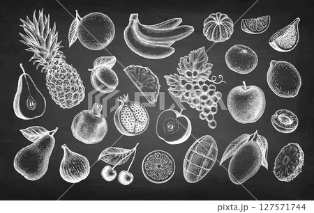 Fruits big set chalk sketch. 127571744