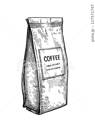 Bag of coffee ink sketch. Bag of coffee ink sketch. 127571747