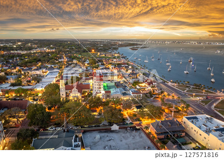 Aerial view of St. Augustine, old city in Florida. American architecture at night 127571816