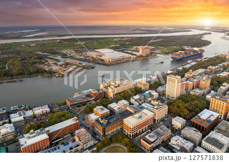 Aerial view of Savannah, Georgia. American city old historical architecture. USA panoramic cityscape at night Aerial view of Savannah, Georgia. American city old historical architecture. USA panoramic cityscape at night 127571838